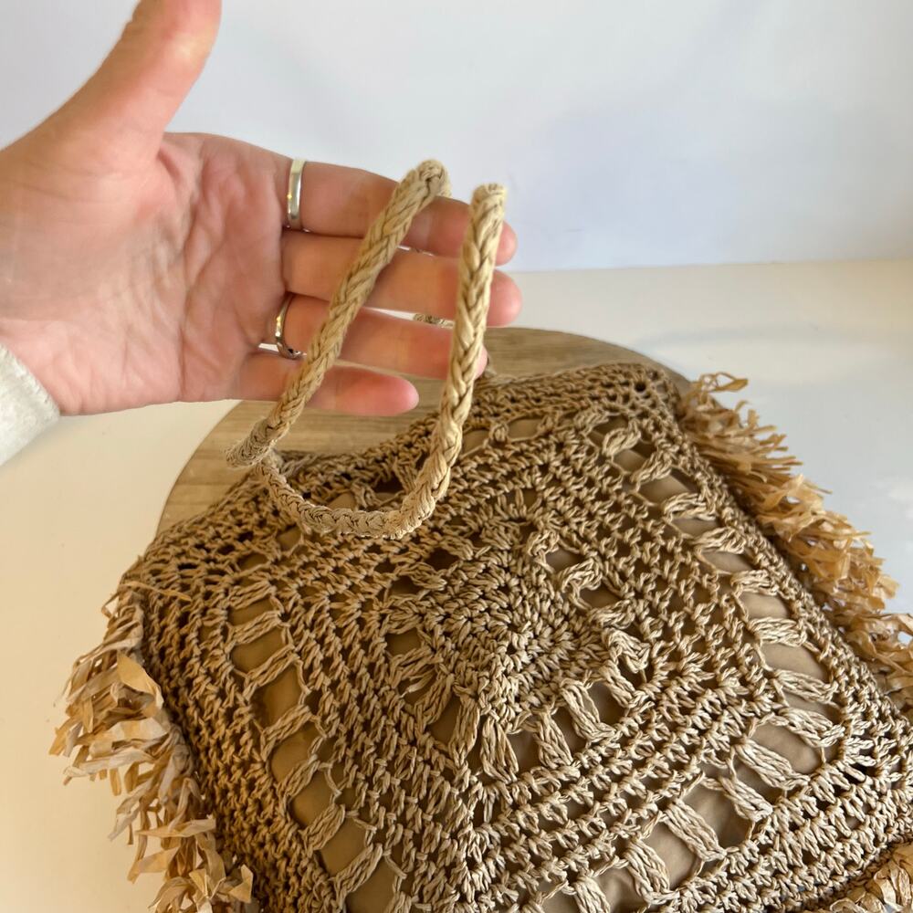MW Tan Natural Fiber Straw Fringe Raffa Crochet Square Tote Shoulder Bag - Picture 5 of 13